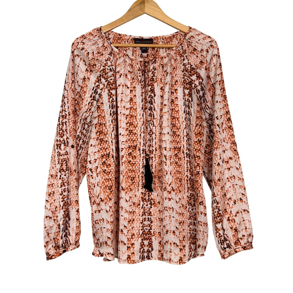 Dana Buchman Orange Snakeskin Print Peasant Blouse Tassel Tie Long Sleeve XL